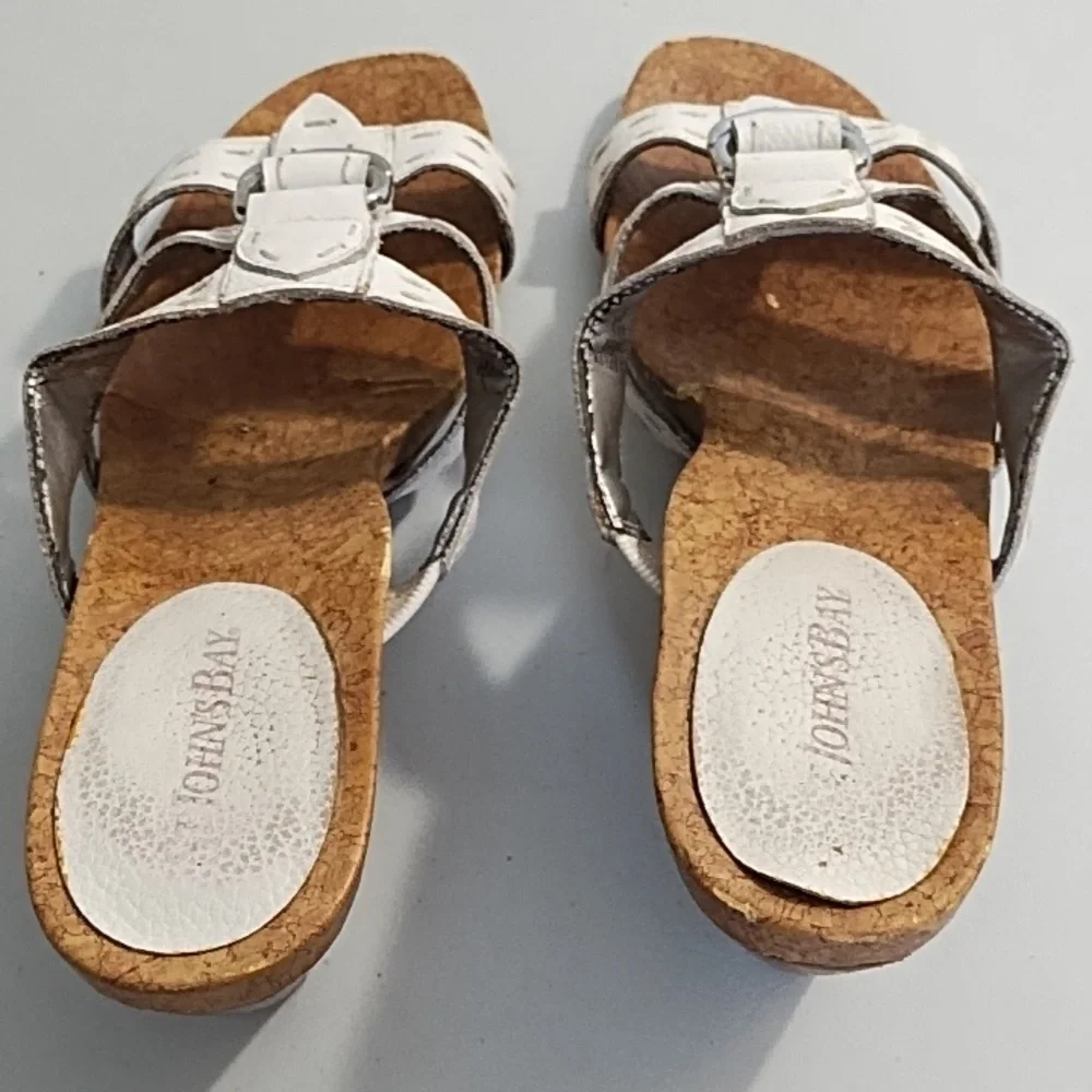 White Wedge Sandals with Leather Straps Stitching Cork Soles